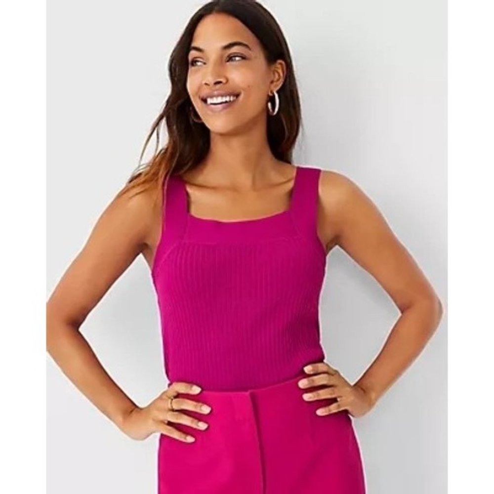 Ann Taylor Knit Top S Pink Fuschia Square Neck Shell  NEW